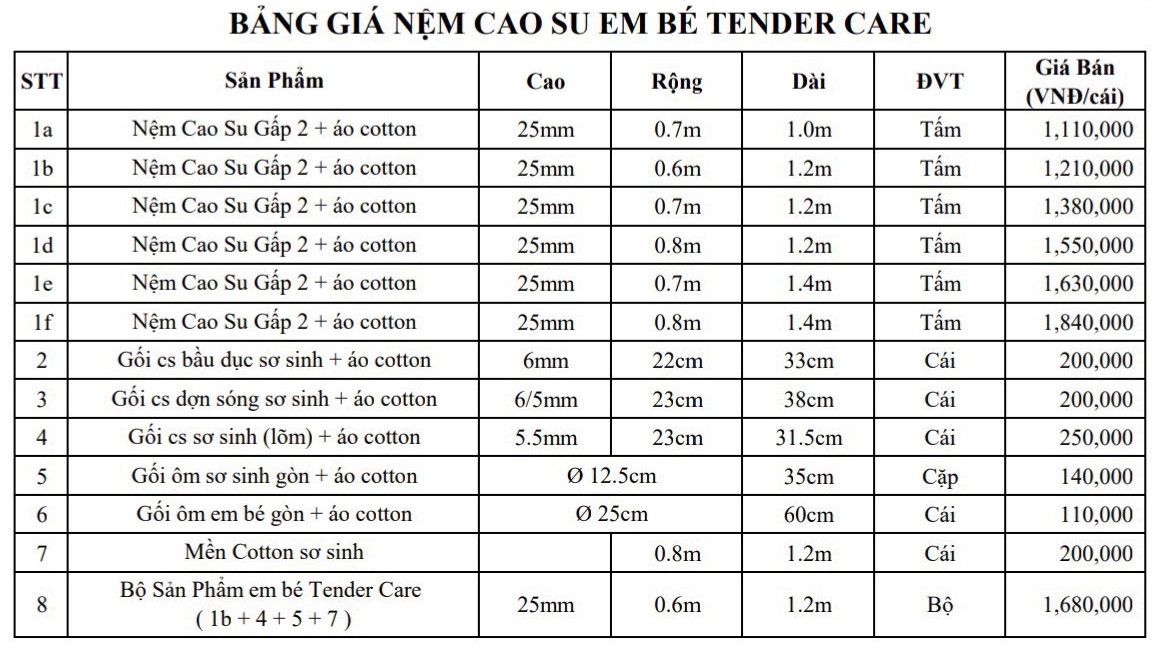 Bảng giá nệm cao su em bé Vạn Thành mới nhất